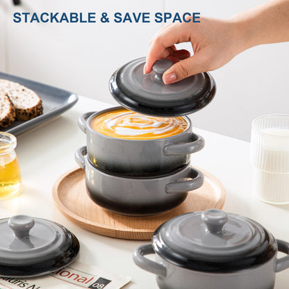 LOVECASA Small Casserole Dish for Oven,12 OZ Ceramic Mini Cocotte Set,French Onion Soup Bowls with Lids and Handle,Ramekins for Stews,Lasagna,Set of 4