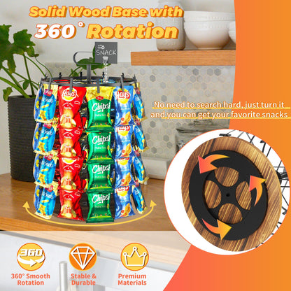 Simaixing 4 Tier Rotating Chip Rack Display Stand with 48 Clips, Countertop Chip Bag Holder with Wooden Base