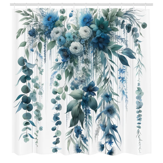 ABAKUHAUS Blue Shower Curtain, Cold Colored Weeping Flowers, Cloth Fabric Bathroom Decor Set with Hooks, 175 x 200 cm, Sea Blue