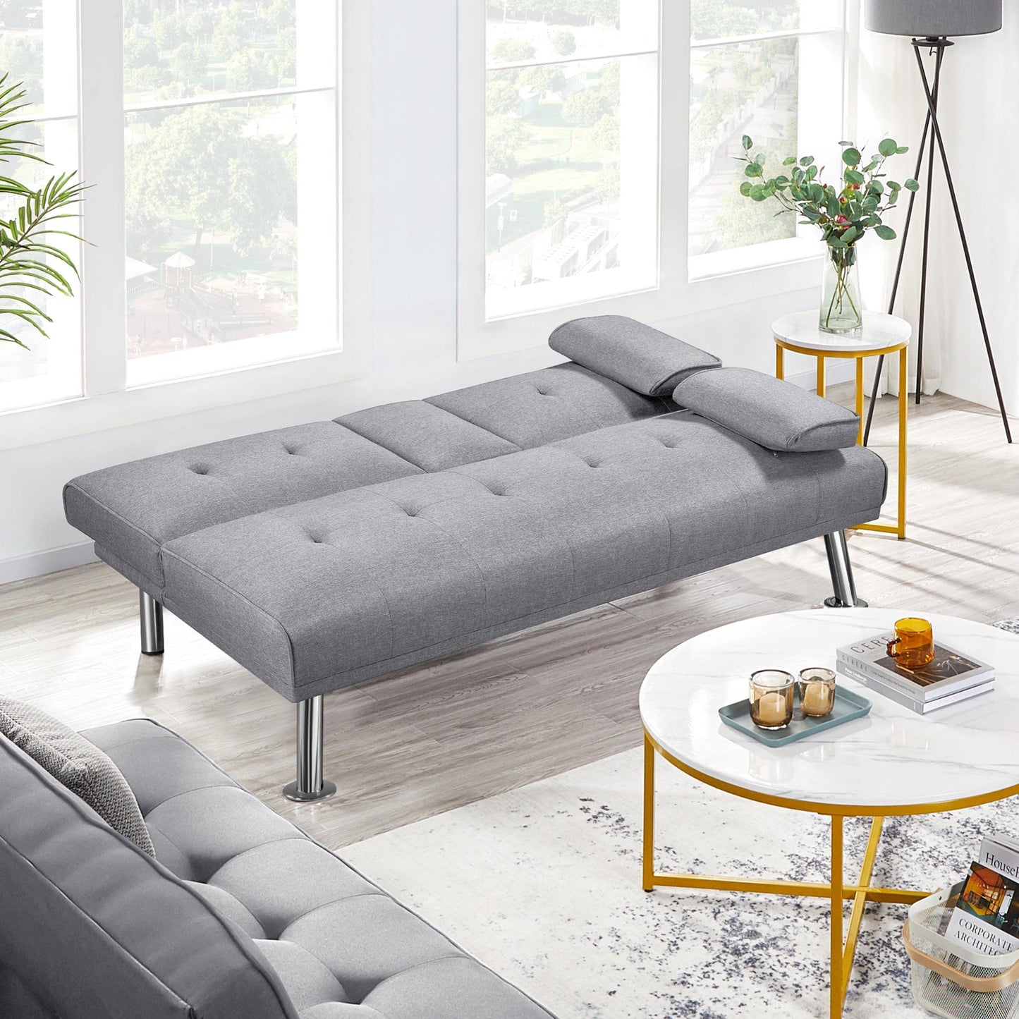 Yaheetech Light Grey 3-in-1 Convertible Upholstered Cup Holder Sofa Bed