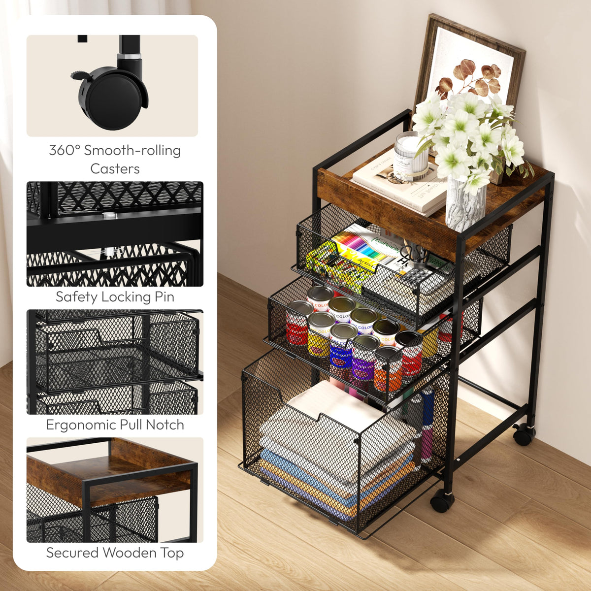 SWTYMIKI Filing Trolley with Mesh Drawers - 4 Tier Under Desk Storage Cart