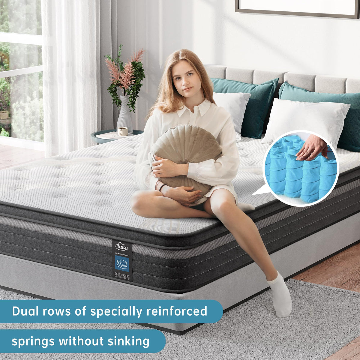 TeQsli Individually Pocket Sprung Small Double Mattress 4FT with Soft Fabric, 10 Inch Hybrid Mattress Small Double for Pressure & Back Pain Relief