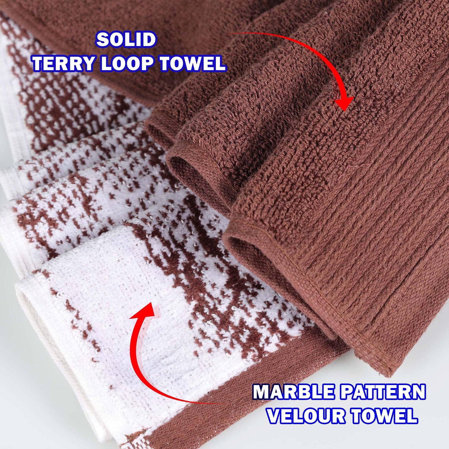 100% Cotton Marble Effect 10-Piece Towel Set, Solid and Luxurious Marble Jacquard, Super Soft, Plush and Absorbent, 2 Bath Towels, 4 Hand Towels
