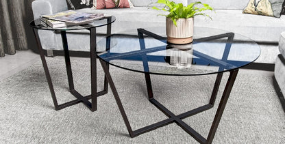 Mango Steam Round Metro Glass Coffee Table/Side Table/for Living Room & Dining Room - Clear Top/Black Base