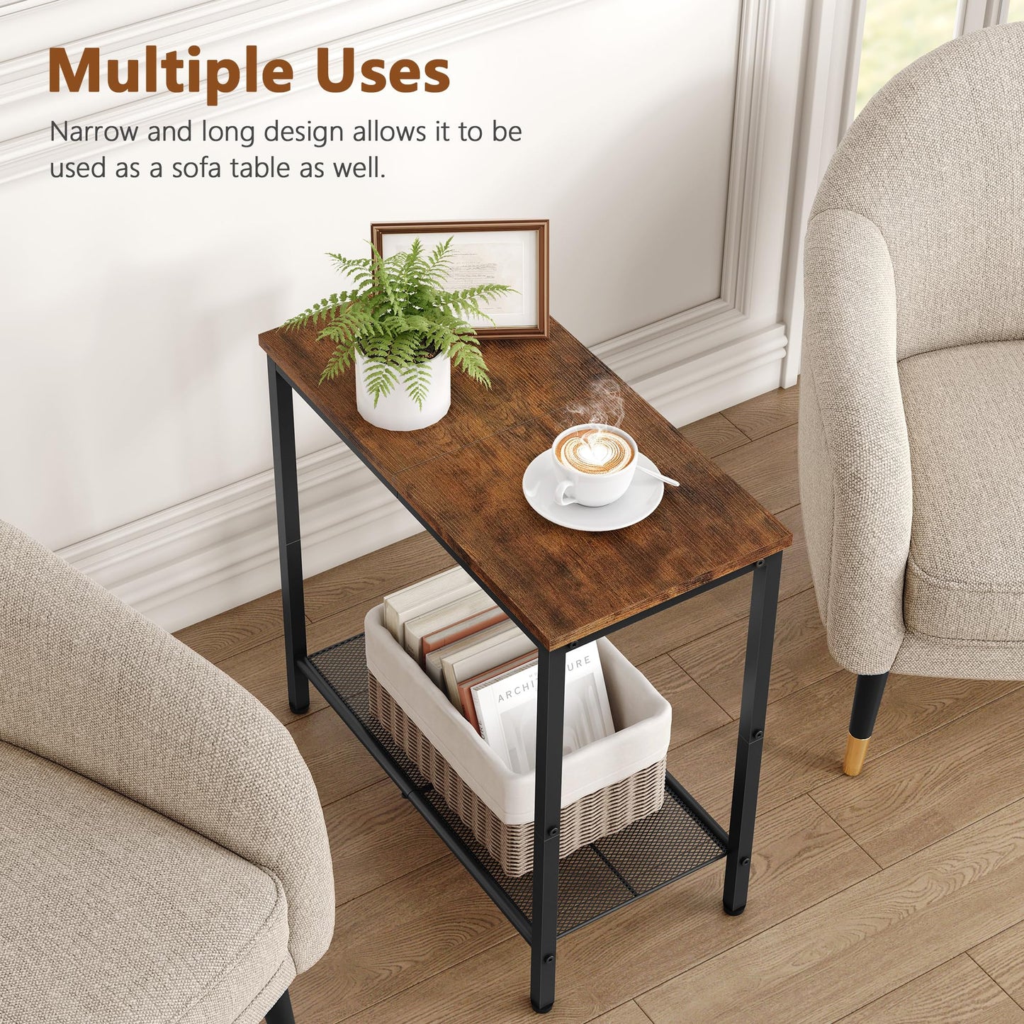 Hoctieon 2 Tier End Table, Sofa Side Table, Narrow Side Table with Storage, Slim Nightstand for Small Spaces, Metal Frame, for Living Room, Bedroom
