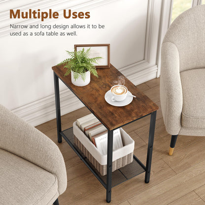 Hoctieon 2 Tier End Table, Sofa Side Table, Narrow Side Table with Storage, Slim Nightstand for Small Spaces, Metal Frame, for Living Room, Bedroom