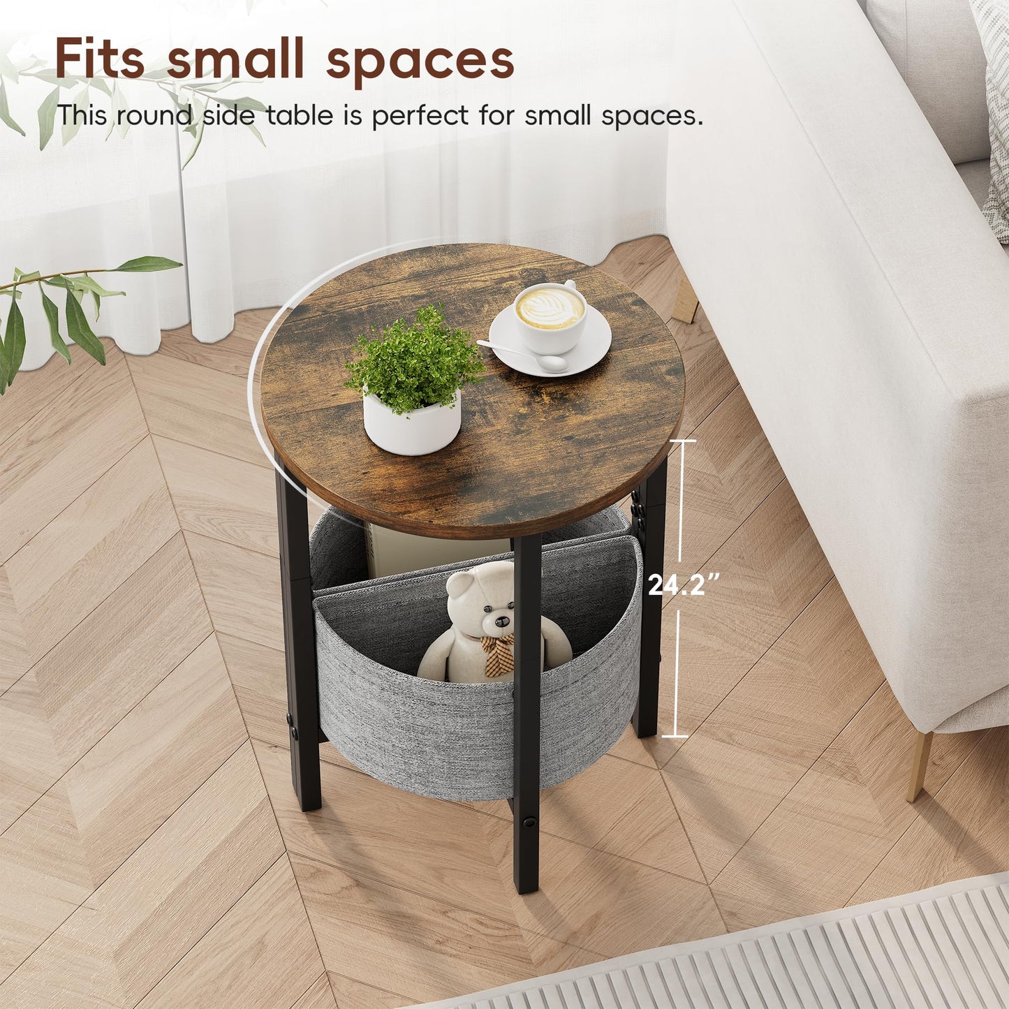 Vagusicc Side Table, Round End Table with Fabric Basket, Small Coffee Table, Set of 2 Half Moon Entry Table, Accent Table Bedside Table