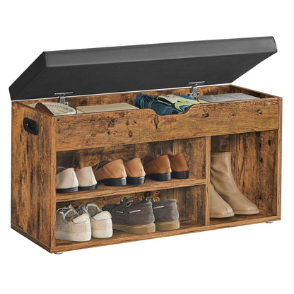 VASAGLE Shoe Bench with Cushion, Storage Bench with Padded Seat, 3 Compartments, Hidden Storage, Shelves, Living Room Lounge Hallway Bedroom, Load