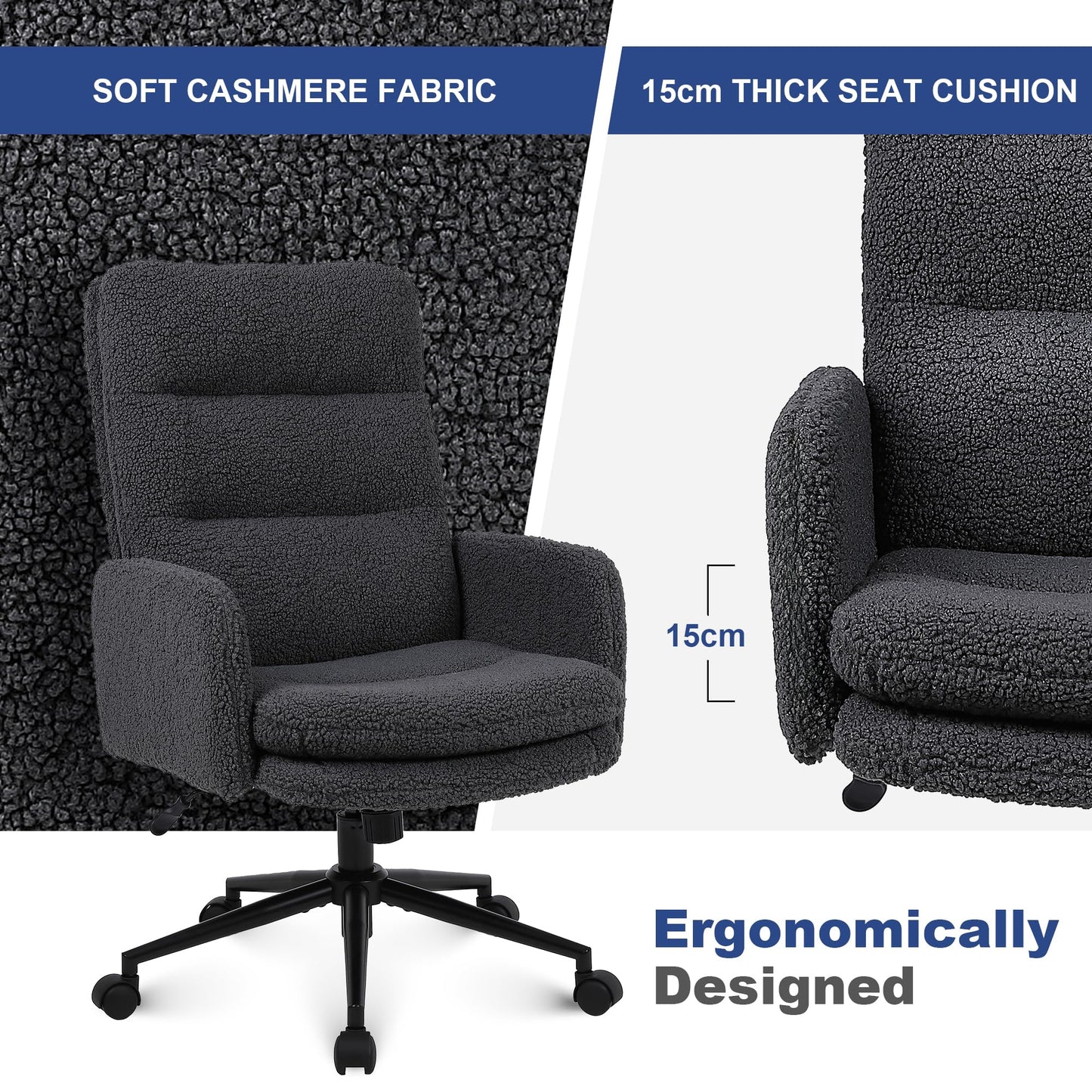 Youhauchair Desk Chair, Faux Cashmere Office Chair, Dark Grey