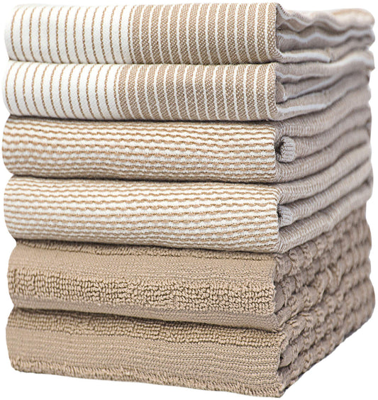 Bumble Kitchen Towels - Tea Towels Cotton - Pack of 6 - XL Size 50 x 70 cm - Elegant, Soft and Robust Ring Spun Cotton in 3 Different Textures (Brown)