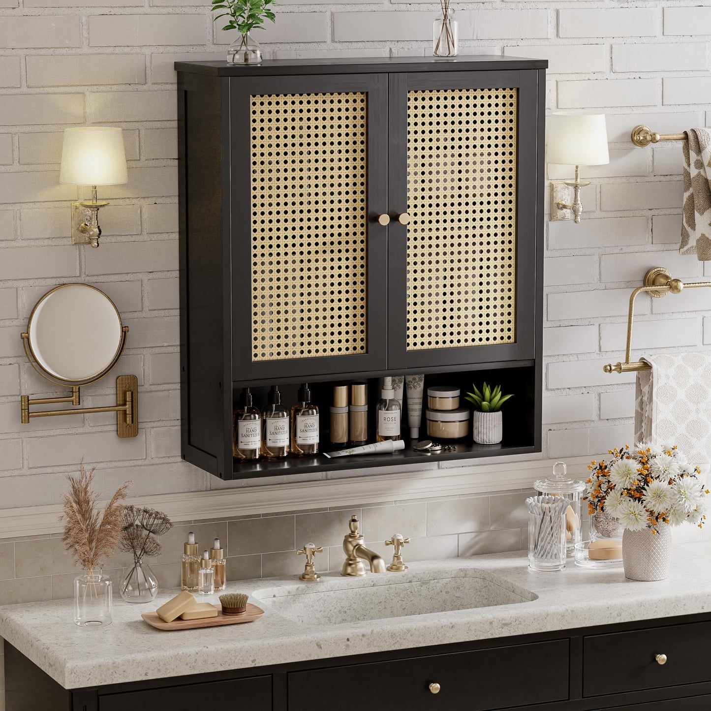 vovala Bathroom Wall Cabinet, Bamboo Over-The-Toilet Storage Organizer with 2 Rattan Doors and Adjustable Shelf