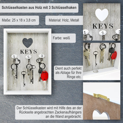 com-four® key box made of wood with 3 key hooks, 25 x 18 x 3.8 cm