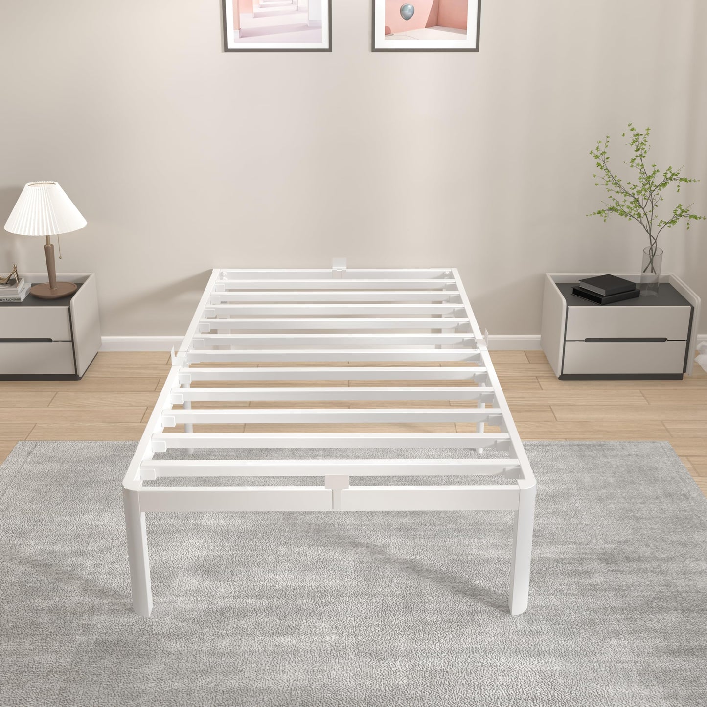 KVLKBV Single Bed Frame 90 x 200 cm,White Bed Frame with Metal Anti-slip Gasket and Large Storage Space Under Bed - Suitable for Bedroom