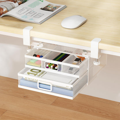 ROLIZOE Clamp On Under Desk Drawers 2 Large Capacity Mesh Metal Drawers Slide Out Under Desk Storage No Drill Under Desk Drawer Organiser Anti-Slip