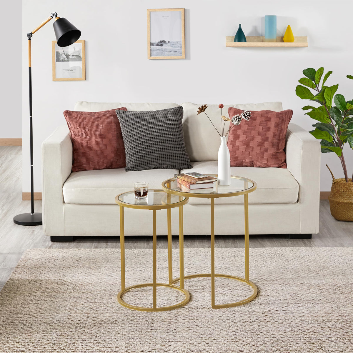 Yaheetech Glass Nesting Tables Set of 2 with Metal Frames, Mustard Gold
