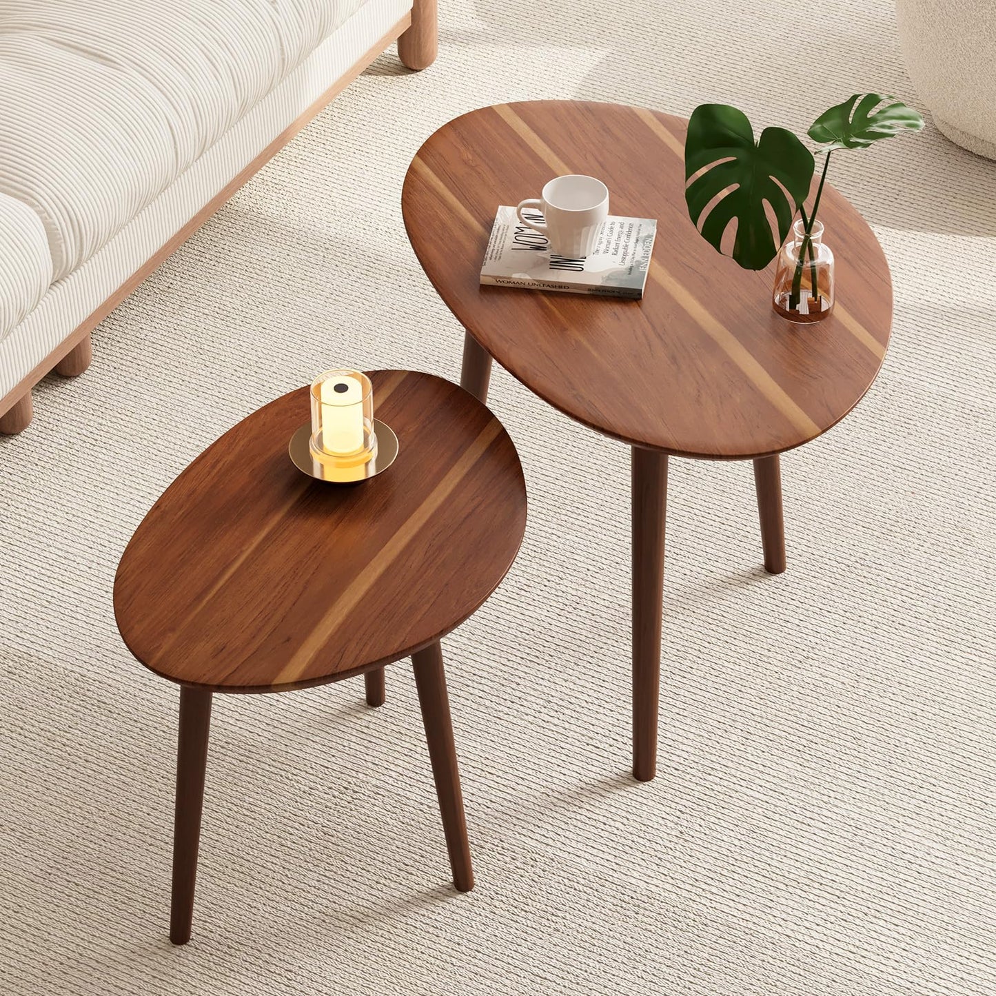 Vanpoo Small Oval Coffee Tables Set,Acacia Wood Nesting Tables（25.6"x17.7"+17.7"x13.4" for Living Room Small Spaces Office,Easy Assembly Wooden
