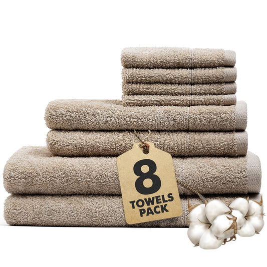 Novo Home Bath Towels Set of 8 ? 100% Cotton Beige Towel Set Bale Includes 2 Bath, 2 Hand, 4 Face Towels ? Soft, Absorbent & Quick Dry Towel for