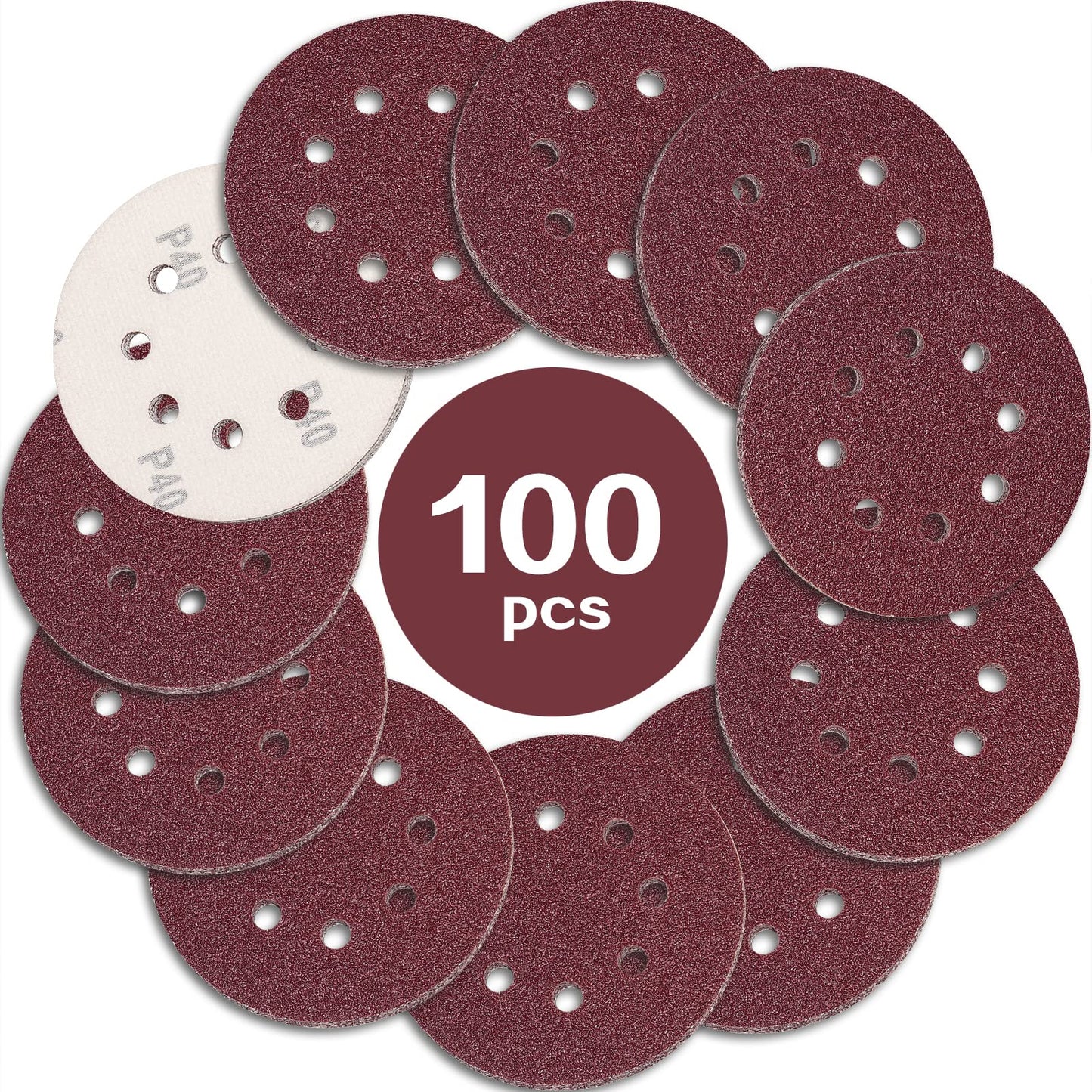 STEBRUAM 100PCS 125mm Sanding Discs 40 Grit, 5 Inch 8 Hole Hook and Loop Sanding Pads for Random Orbital Sander