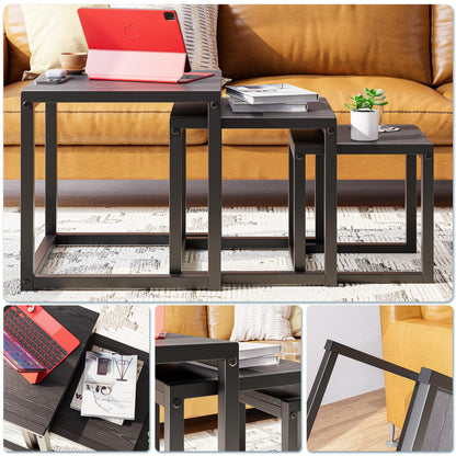 DUMEE Nesting Tables Set of 3 Wooden Coffee Table Side End Tables Sturdy Steel Metal Frame Living Room Bedroom,Space Saving Stacking Nightstand