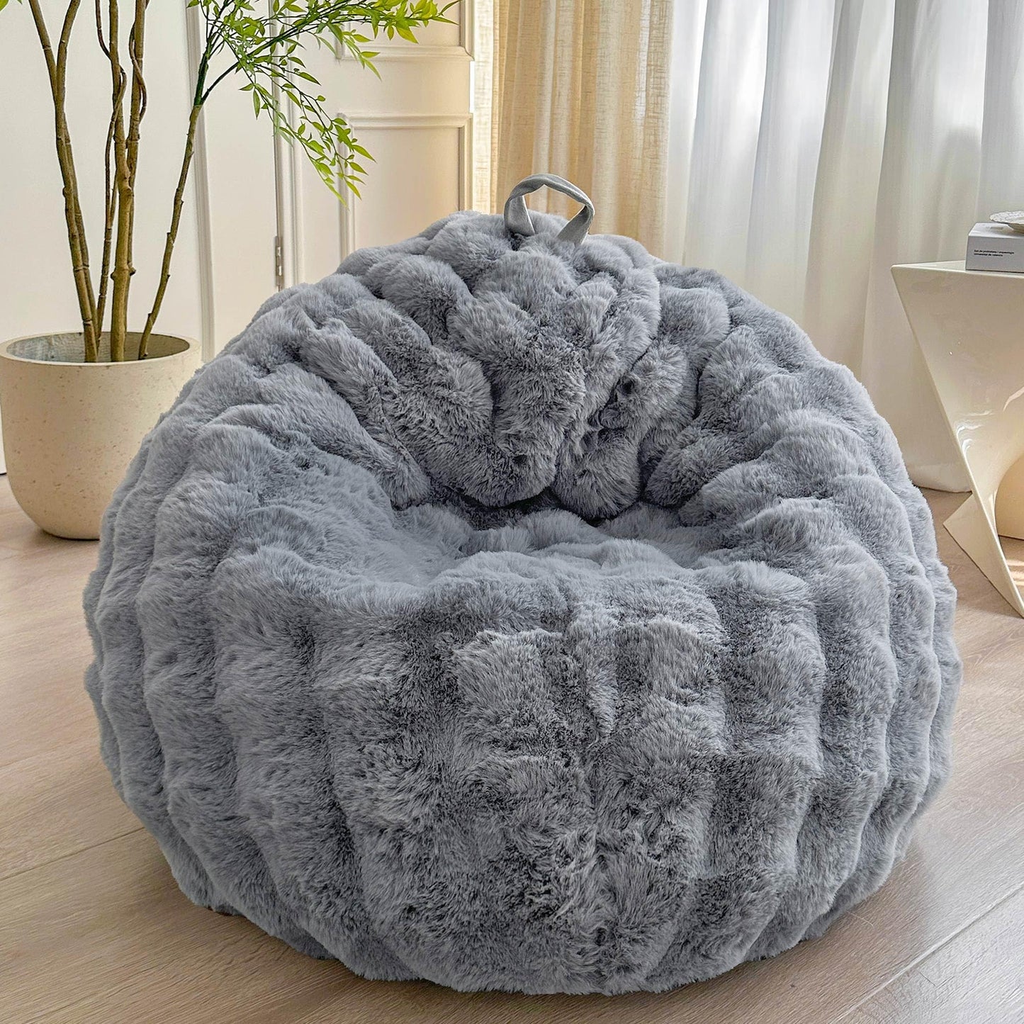 LIFEREVO Kids Fluffy Faux Rabbit Fur Bean Bag Chair Cover, No Filler, Grey