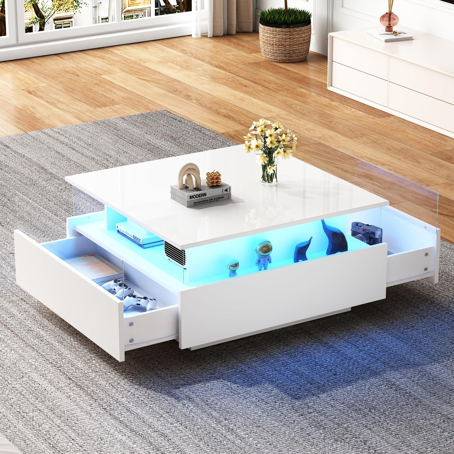 ModernLuxe LED Coffee Table with Storage, Square Acrylic Glass Tea Table, 2 Sliding Drawers, High Gloss White Center Table with Lights, 70x70x41cm