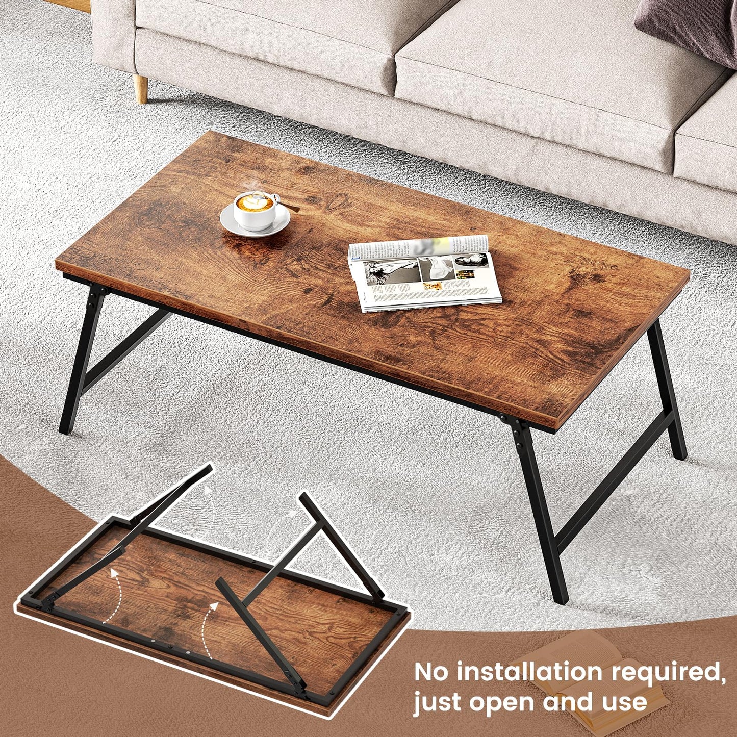 OCTORO Folding Coffee Table, Magnetic Design, Portable Small Center Side Table, 80×40×40 CM, Legs Can be Fixed, No Installation Required