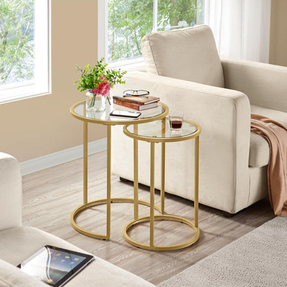 Yaheetech Glass Nesting Tables Set of 2 with Metal Frames, Mustard Gold