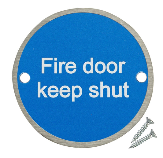 Fire Door Guru? Pack of 20 Fire Door Keep Shut Sign - 76mm Disc ? Stainless Steel Safety Sign - Fixings Included