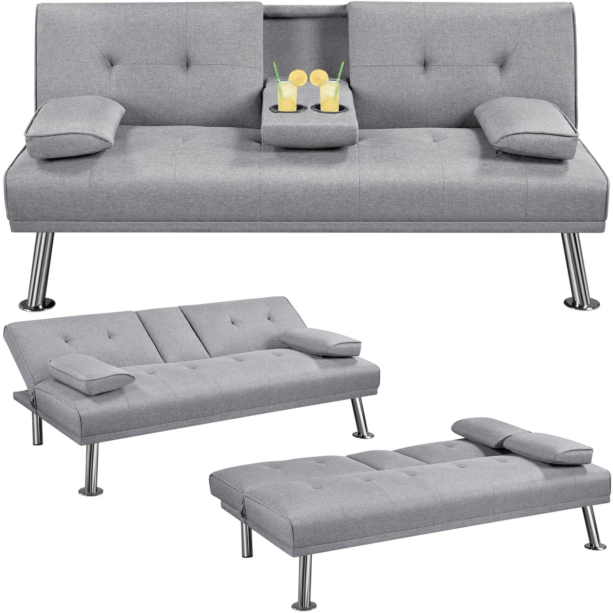 Yaheetech Light Grey 3-in-1 Convertible Upholstered Cup Holder Sofa Bed