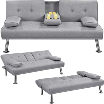 Yaheetech Light Grey 3-in-1 Convertible Upholstered Cup Holder Sofa Bed