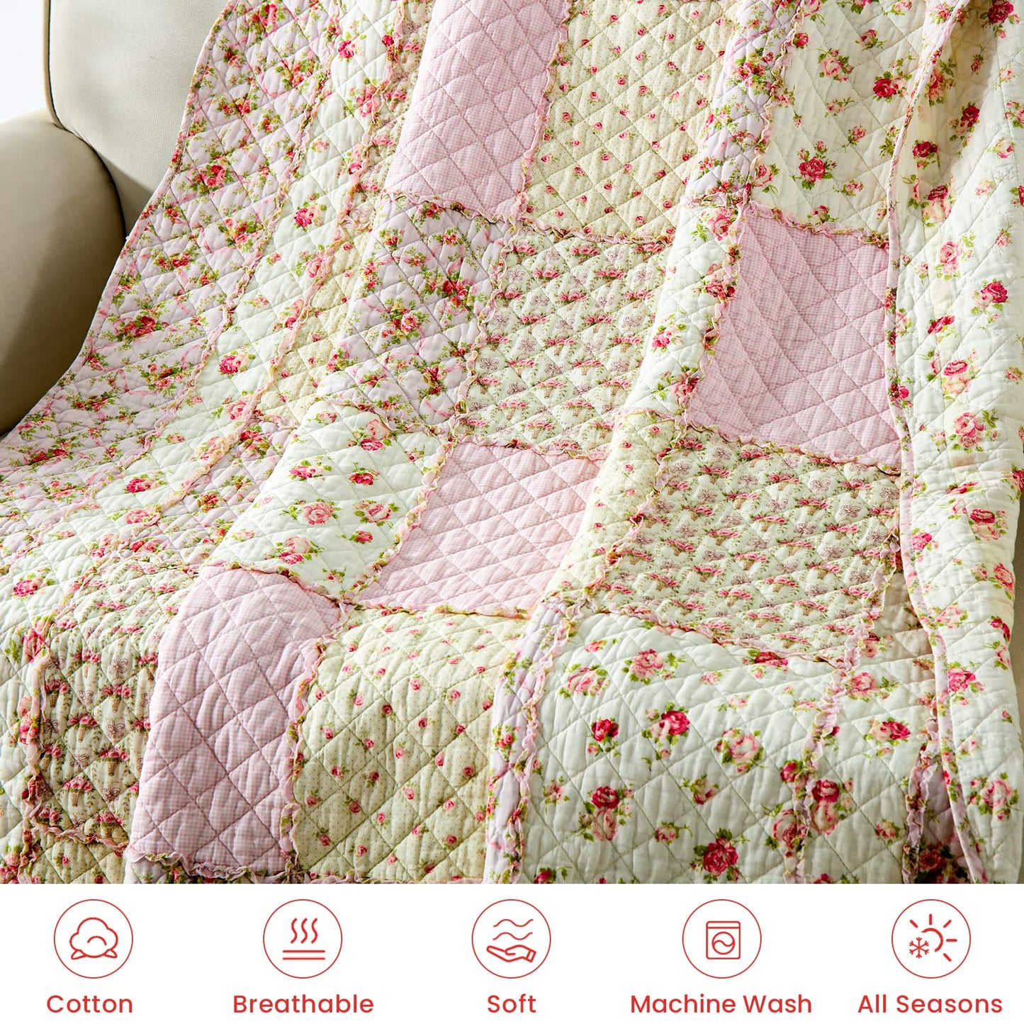 Qucover Single Bedspread Quilted Throw Soft 100% Cotton Pink Floral Patchwork Quilt 150x200 cm Decorative Sofa Couch Coverlet