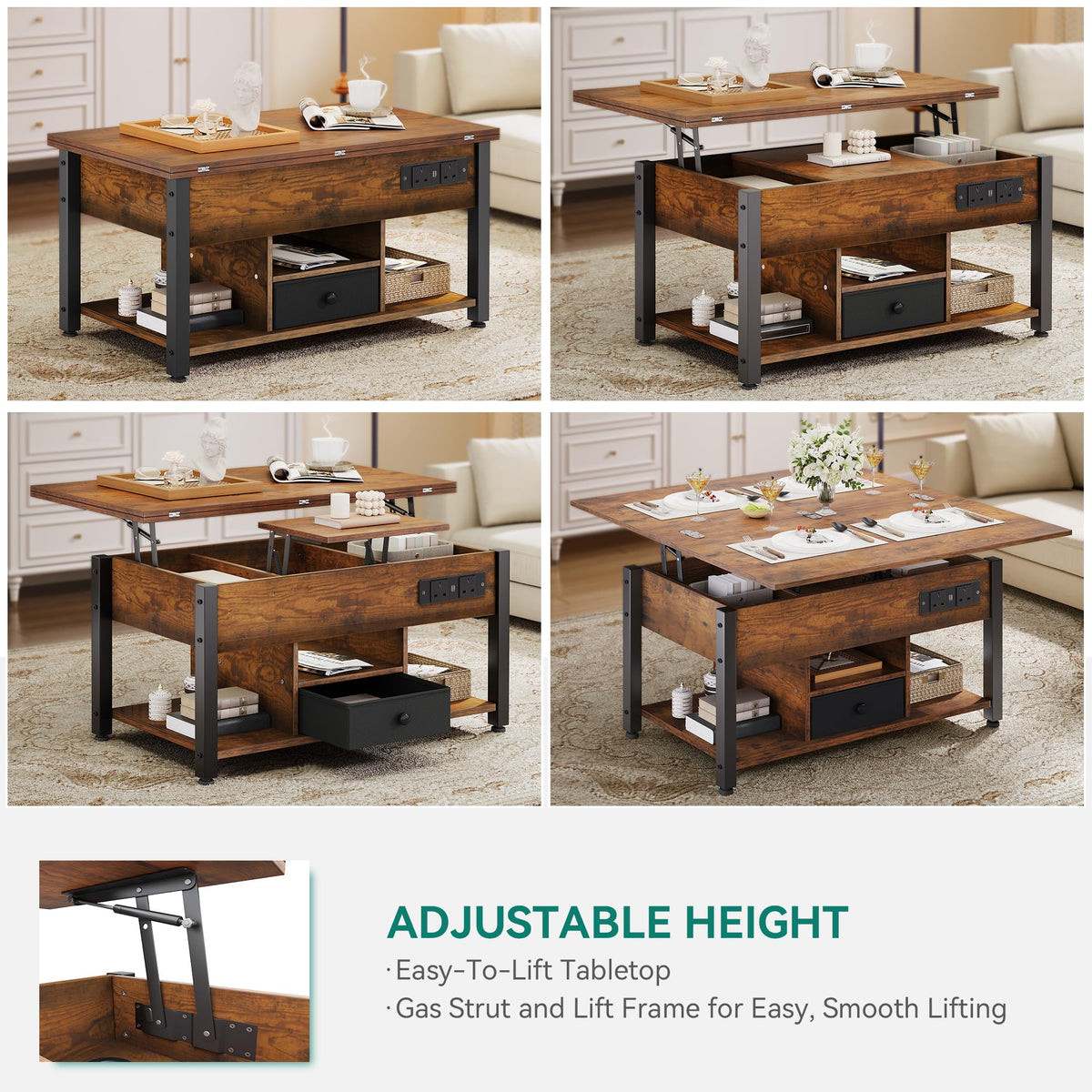 YITAHOME Folding Lift Top Coffee Table with Drawer, 4-in-1 Convertible Table with Storage Space and Type-G Outlets