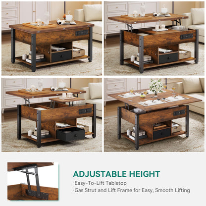 YITAHOME Folding Lift Top Coffee Table with Drawer, 4-in-1 Convertible Table with Storage Space and Type-G Outlets