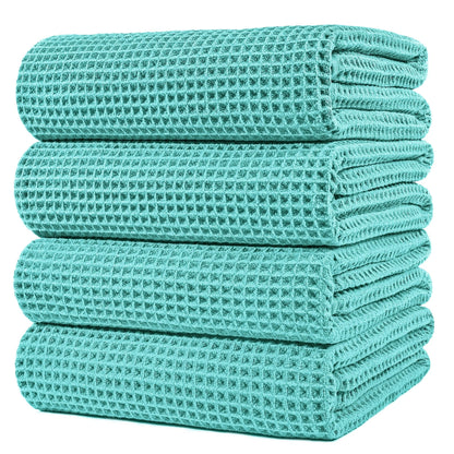 POLYTE Microfibre Oversize Quick Dry Lint Free Bath Towel, 152 x 76 cm, 4 Pack (Aqua, Waffle Weave)