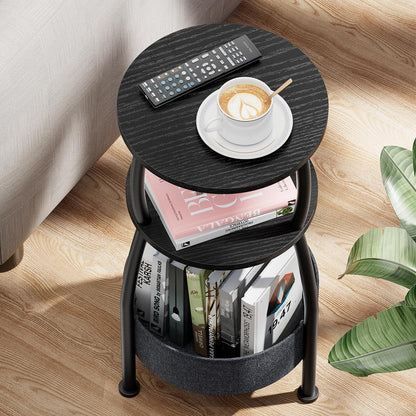 Yuede Round Side Table, 3 Tier Bedside Table, Small End Table with Fabric Basket, Coffee Table for Living Room, Bed Room, Small Space, Easy Assembly