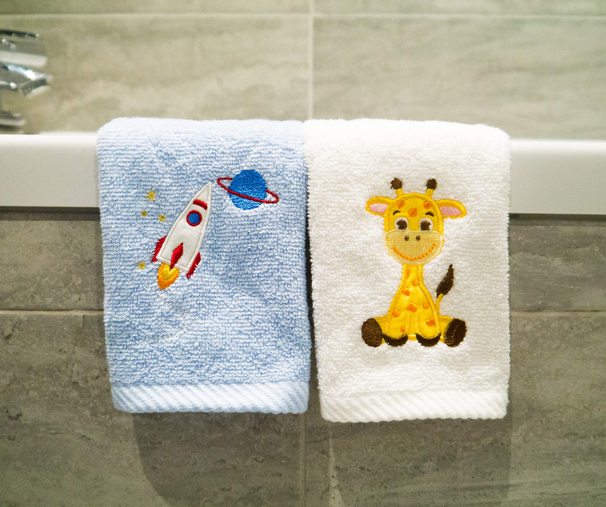 Lex's Linens Pack of 2 Kids Face Cloth (1 of Each) (Giraffe & Rocket)