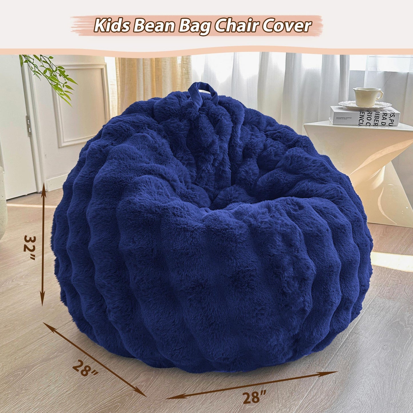 LIFEREVO Kids Fluffy Faux Rabbit Fur Bean Bag Cover, No Filler, Navy Blue