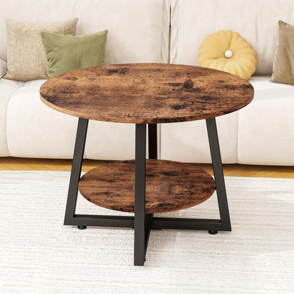 FOUBAM Round Coffee Table with Storage,Metal Small Coffee Table,Brown