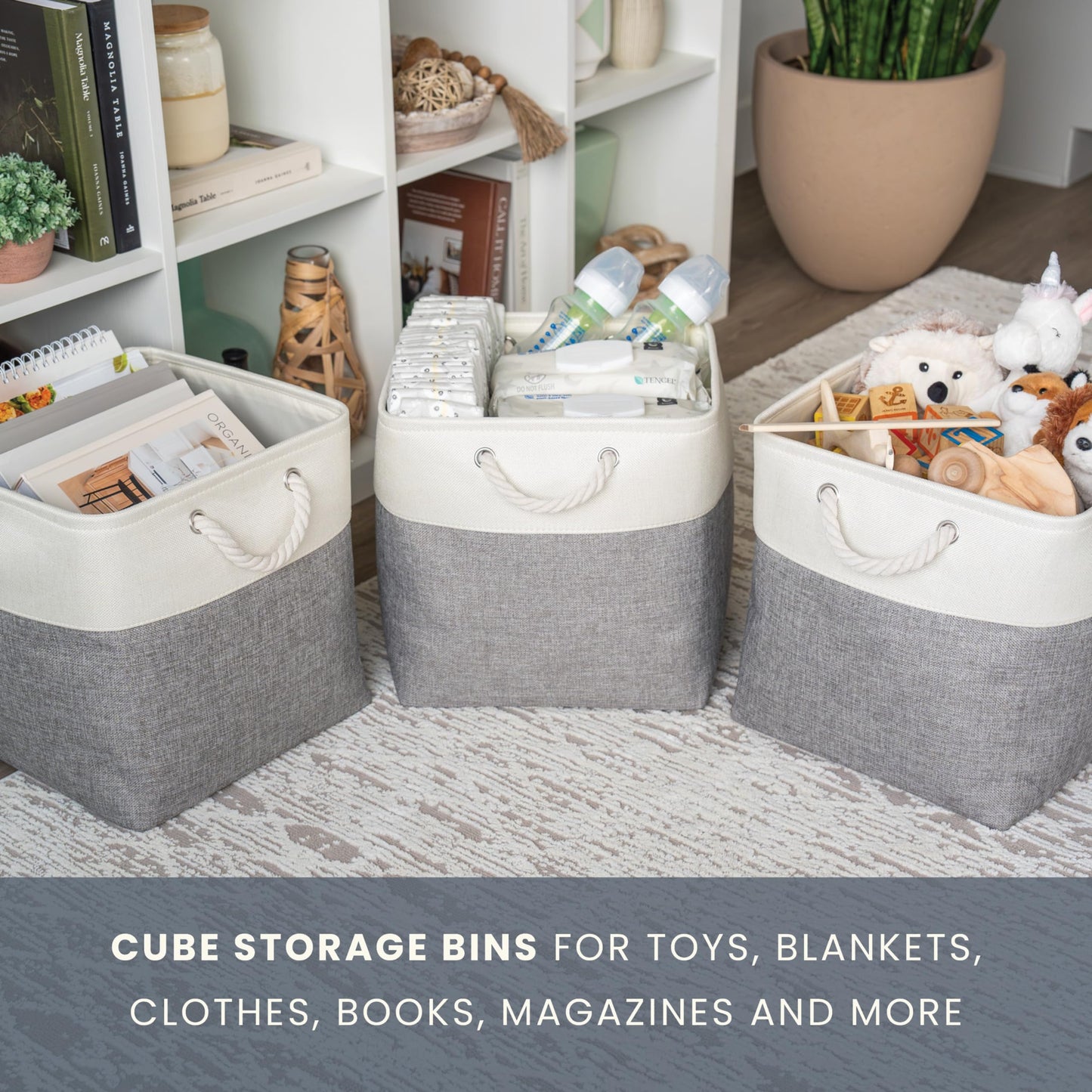 OrganiHaus Fabric Storage Boxes, Set of 4 Foldable 33X33 Cube Organiser Bins with Rope Handles for Shelves, Nursery & Closet