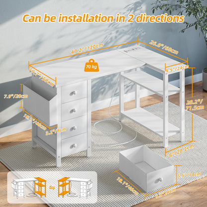 BEXEVUE Small L Shaped Desk with 4 Drawers and Power Strips, 120cm Comuputer Desk with Fabric Storage Drawers
