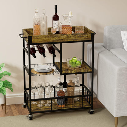 Huhote Serving Trolley, Brown Wood Grain, 3-Tier Shelf, Wine Rack, Wheels with Brakes, Ideal for Kitchen, Dining Room, Living Room, Bar, Party