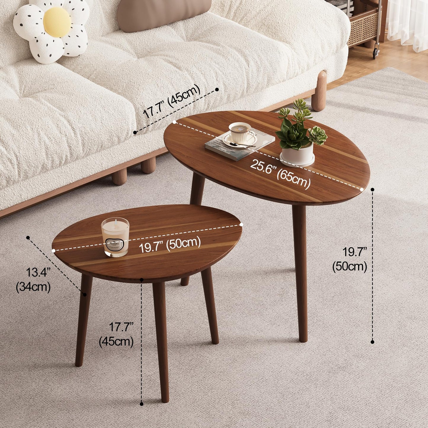 Vanpoo Small Oval Coffee Tables Set,Acacia Wood Nesting Tables（25.6"x17.7"+17.7"x13.4" for Living Room Small Spaces Office,Easy Assembly Wooden