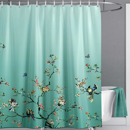LIVETTY Ombre Green Bird Extra Long Shower Curtain 180cm ? 200cm Drop Floral Butterfly Fabric Bathroom Mould Proof Spring Washable Shower Curtain With