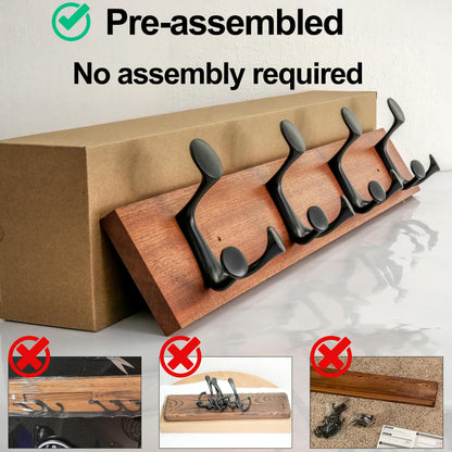 HONSKY Wall Mounted Coat Rack, 61cm Solid Sapele Wood Backboard, 4 Black Sturdy Aluminium Alloy Triple Hooks(12 Hanging Points)