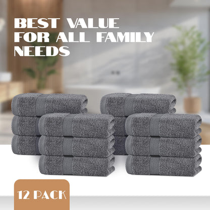 White Classic | 12 Pack 40x68 cm | Wealuxe Grey Hand Towels for Bathroom, Cotton Hand Towel Bulk for Home Kitchen or Gym and Spa