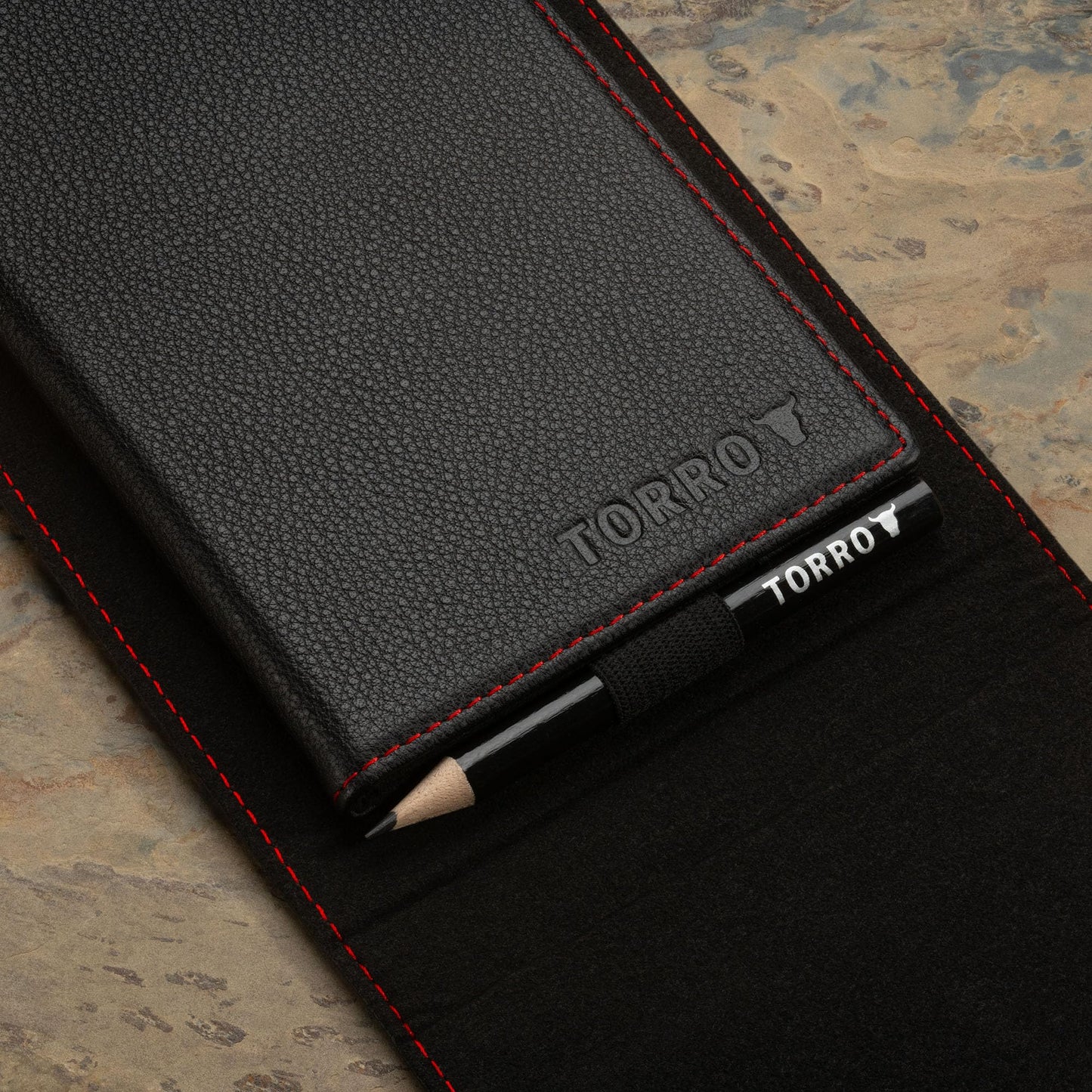 TORRO Golf Scorecard and Yardage Book Holder ? Genuine Leather Golf Score Card and Yardage Wallet with Pencil Loop (Black with Red Detail)