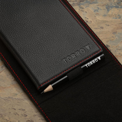 TORRO Golf Scorecard and Yardage Book Holder ? Genuine Leather Golf Score Card and Yardage Wallet with Pencil Loop (Black with Red Detail)