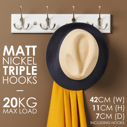 LARHN White Wall-Mounted Coat Rack - 4 Matt-Nickel Coat Hooks, 42cm