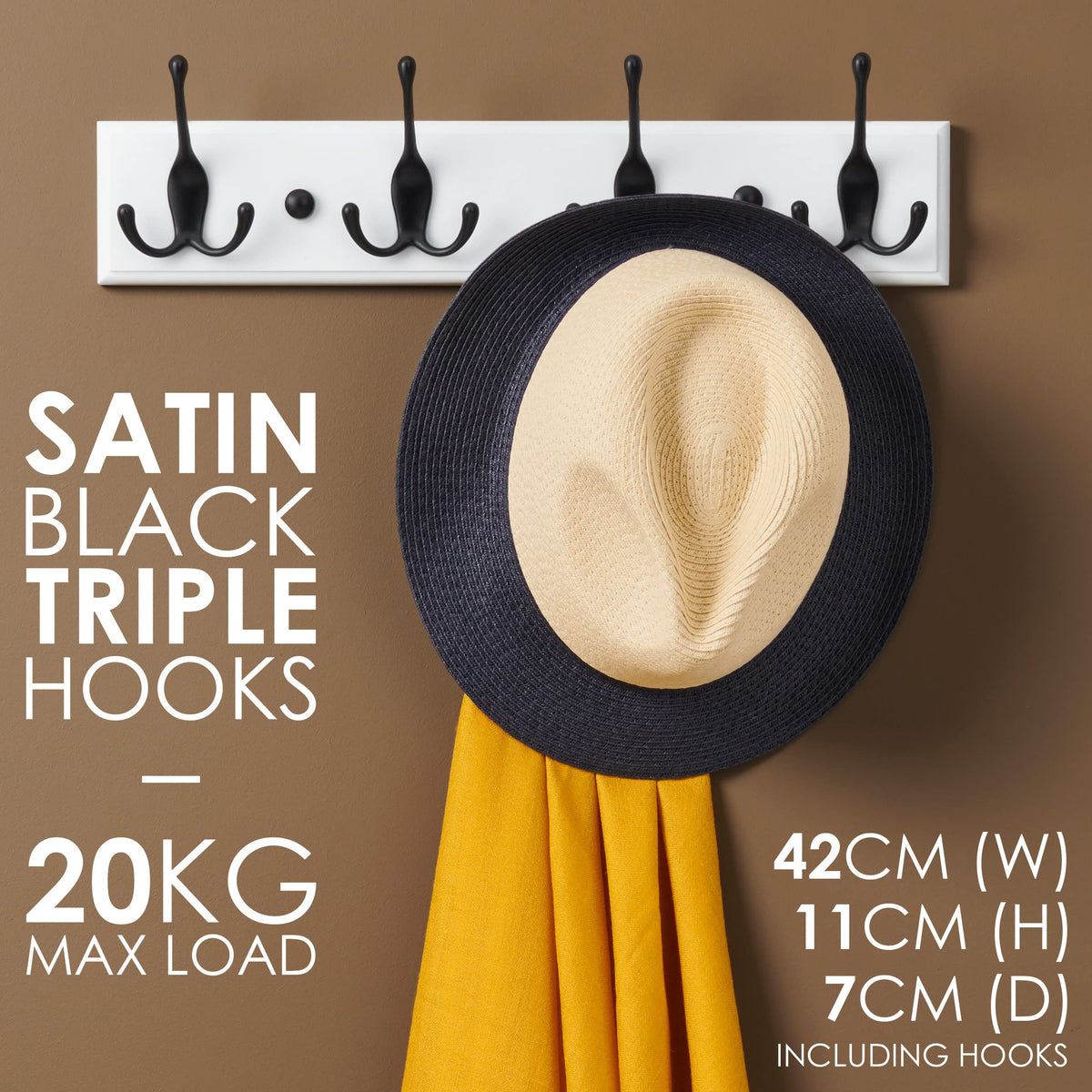 LARHN White Wall-Mounted Coat Rack - 4 Black Coat Hooks, 42cm