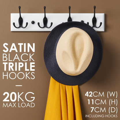 LARHN White Wall-Mounted Coat Rack - 4 Black Coat Hooks, 42cm